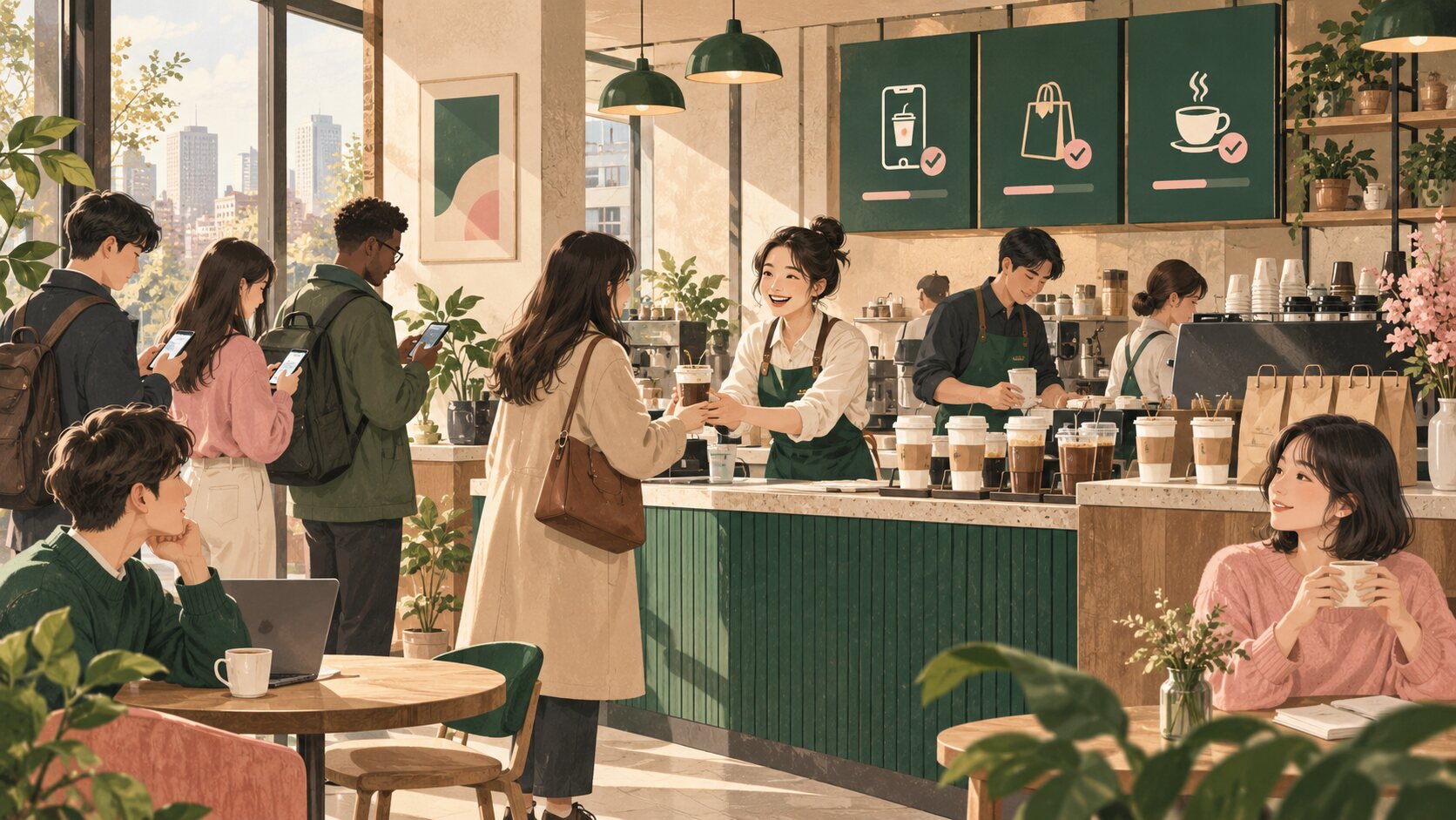 모바일 주문과 매장 주문을 처리하면서도 고객을 따뜻하게 맞이하는 현대적인 카페 현장 일러스트