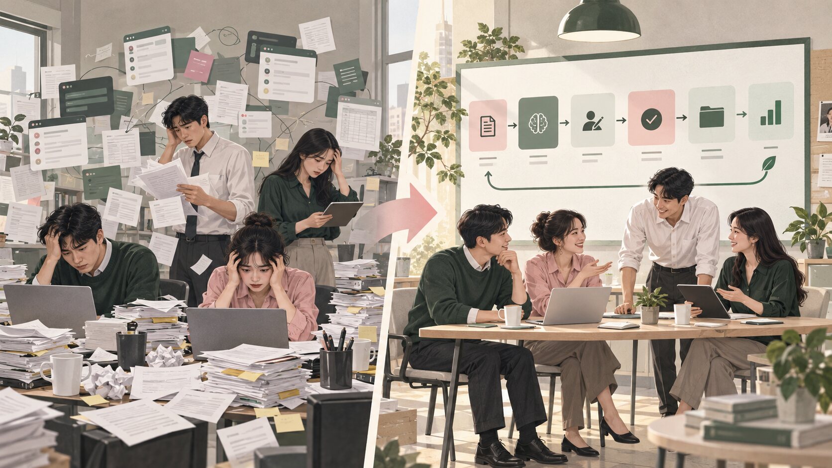 여러 구성원이 AI 도구와 문서를 하나의 협업 흐름으로 연결하는 장면
