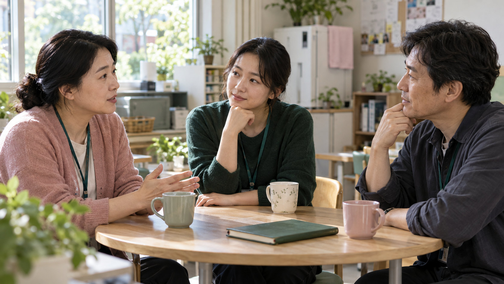 돌봄기관의 휴게 공간에서 동료의 이야기를 차분히 듣는 세 명의 돌봄 종사자