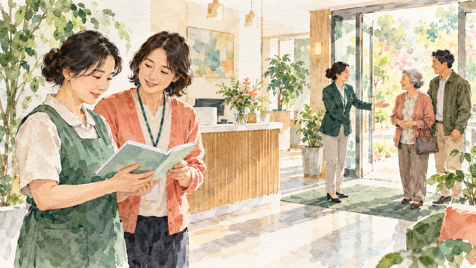 직원 두 명이 매뉴얼을 함께 확인하고 관리자가 출입구에서 이용자와 가족을 맞이하는 돌봄기관의 수채화