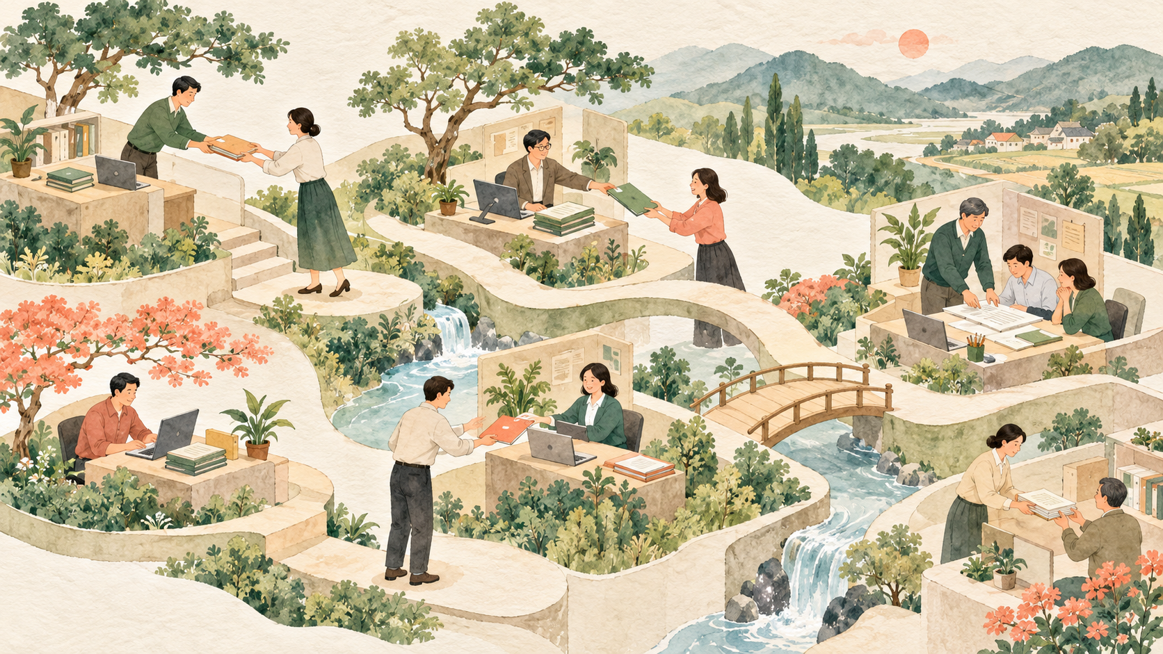 서로 연결된 업무 공간에서 자료를 주고받는 구성원과 업무 흐름을 표현한 수채화