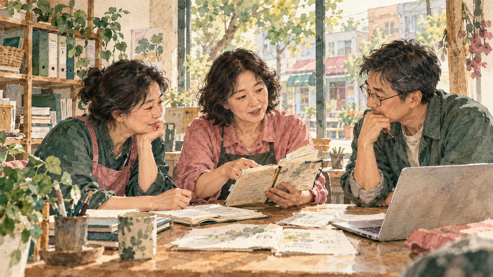 협동조합 구성원 세 명이 손때 묻은 수첩과 현장 기록을 함께 읽고 이야기하는 수채화 일러스트