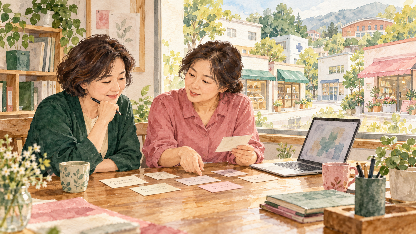 작은 협동조합 사무실에서 두 구성원이 고객의 문의 기록을 함께 읽고 살펴보는 수채화 일러스트