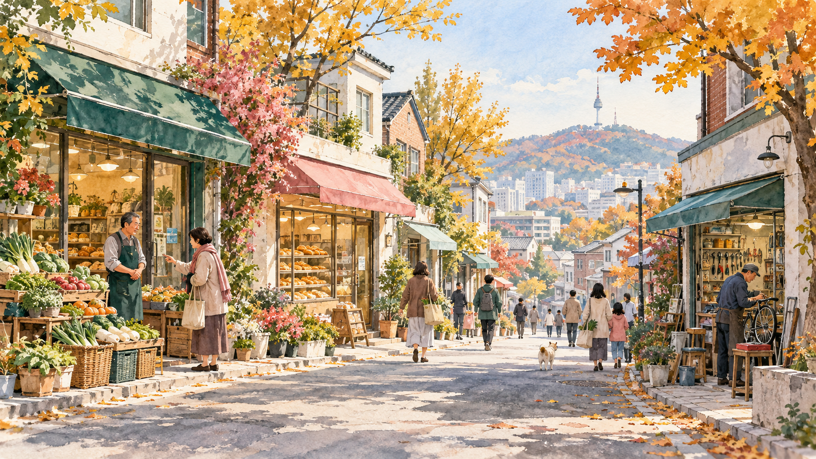 가을 아침 동네 골목의 채소 가게와 빵집, 가게 앞에서 손님의 이야기를 듣는 상인을 담은 수채화 일러스트