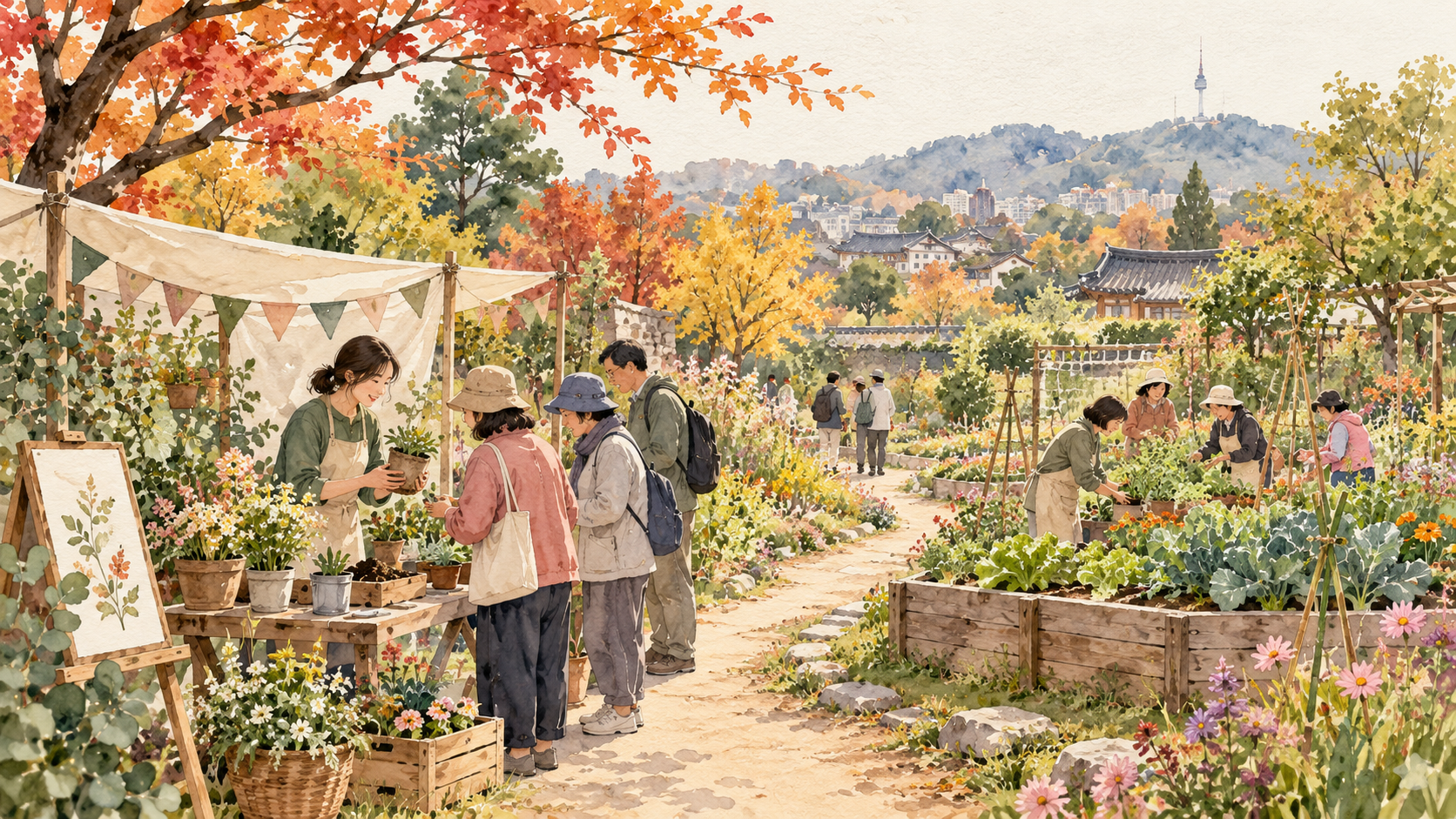 동네 텃밭의 야외 체험 부스에서 작은 화분 만들기를 함께 살펴보는 주민들을 담은 수채화