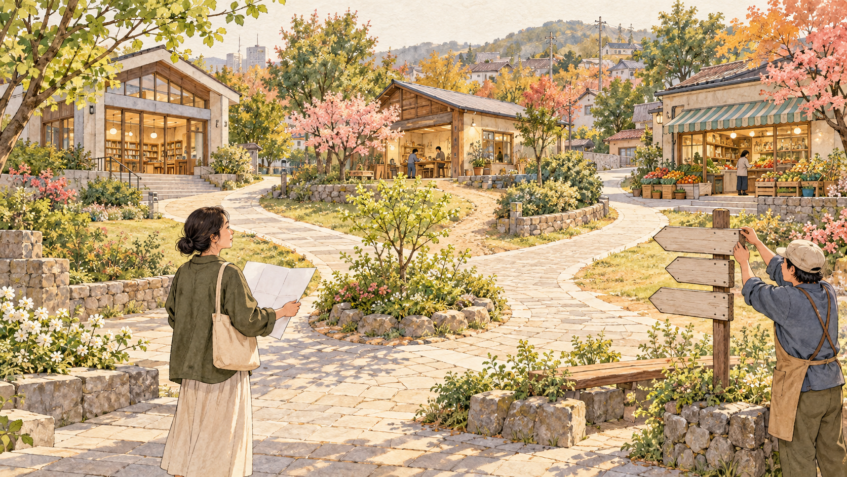 동네의 도서관과 가게를 잇는 길목에서 안내 방향을 살피는 사람들을 그린 수채화