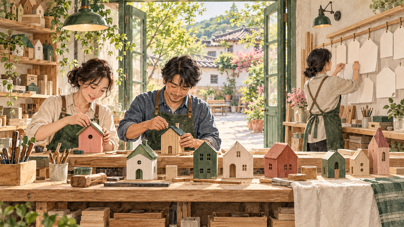 서로 다른 작은 나무집을 공통 도구로 만드는 동네 공방 사람들을 그린 수채화